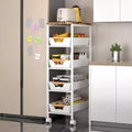 Carrito auxiliar estrecho con ruedas de 5 niveles, metálico blanco tipo C, con tablero de madera para cocina/baño (paquete de 1)