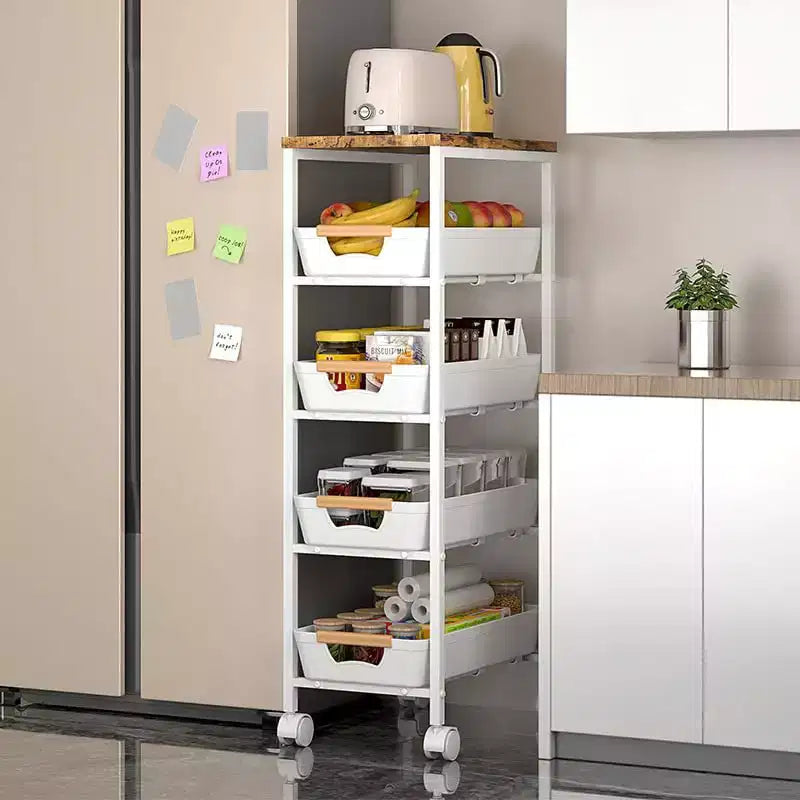 Carrito auxiliar estrecho con ruedas de 5 niveles, metálico blanco tipo C, con tablero de madera para cocina/baño (paquete de 1)