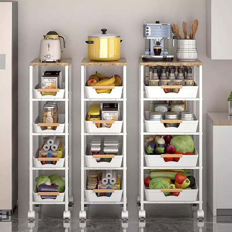 Carrito auxiliar estrecho con ruedas de 5 niveles, metálico blanco tipo C, con tablero de madera para cocina/baño (paquete de 1)