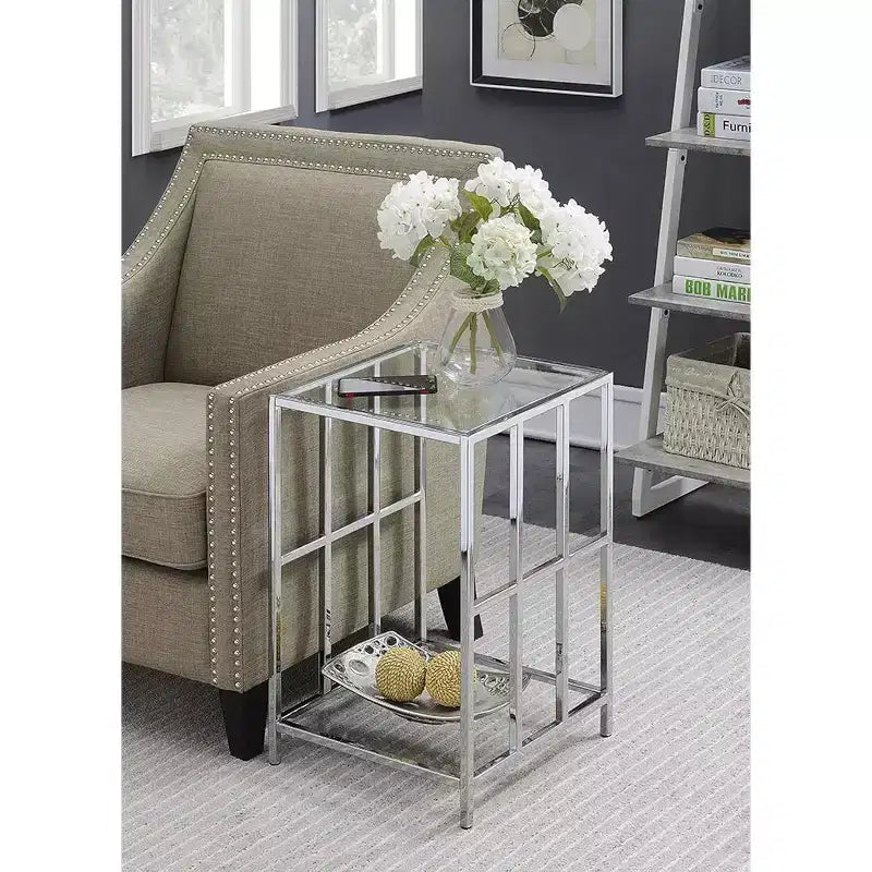 Tablero de mesa auxiliar rectangular de vidrio color plateado de 24 pulgadas de alto, 1 pieza