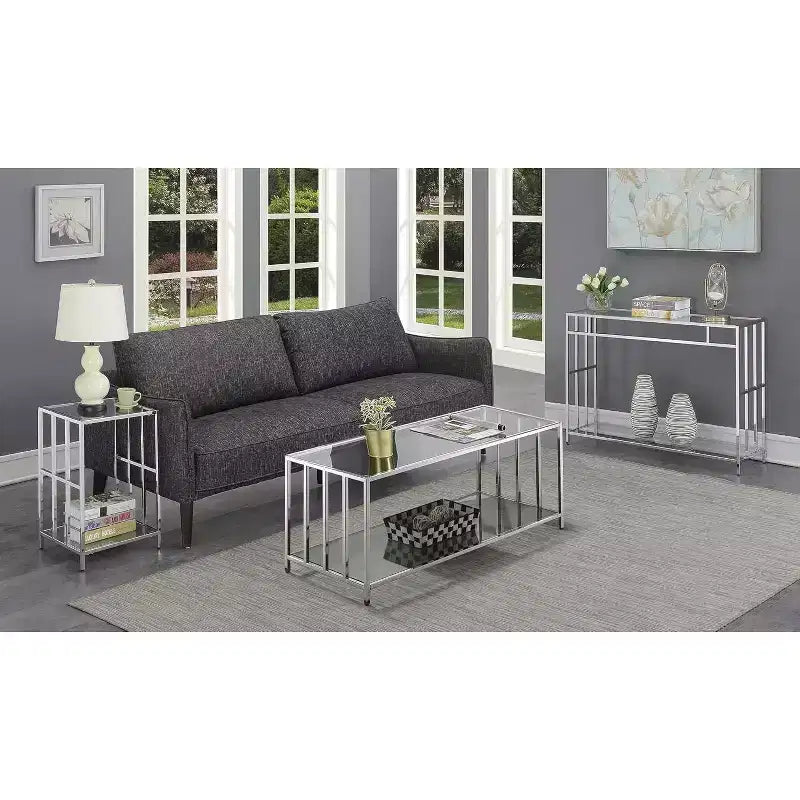 Plateau de table rectangulaire en verre argenté de 24 po de haut, table d’appoint en 1 pièce