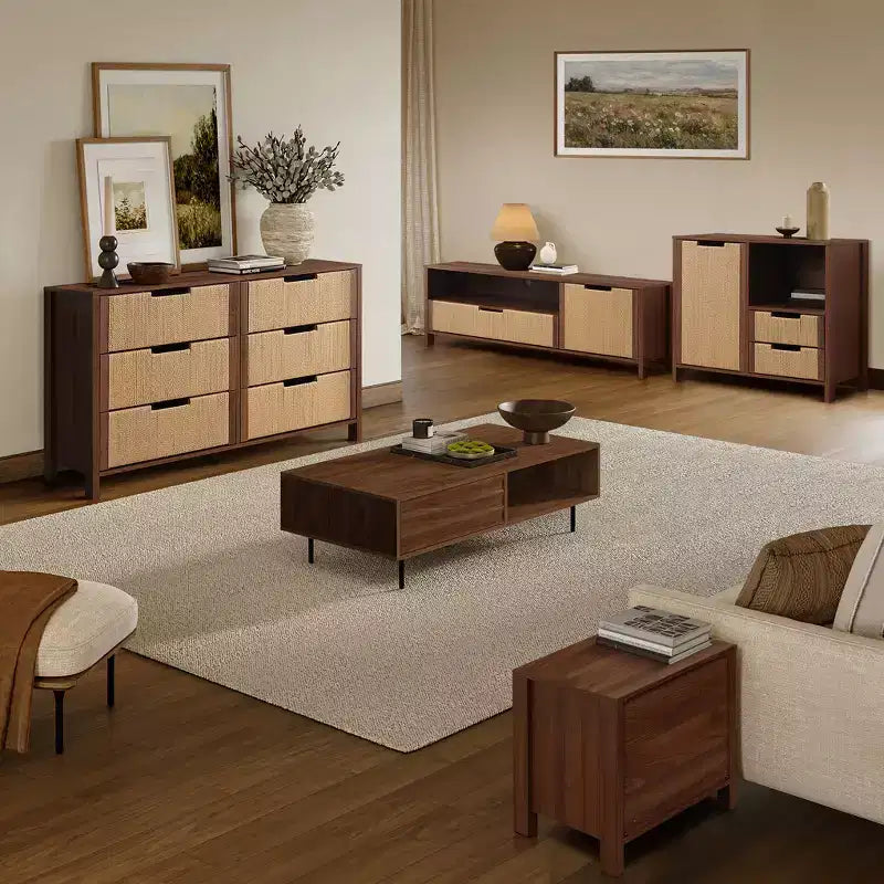 55 Walnut TV Stand for TVs up to 60, Woven Rope Door Panel, Small Media Console Cabinet with Drawer, Brown