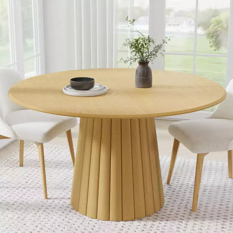 Mesa de comedor redonda de madera de 52 para cocina, para 4-6 personas, con borde superior arqueado y base cónica texturizada, para sala de estar, comedor u oficina, natural
