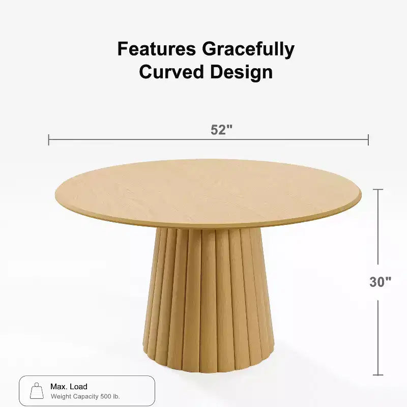 52 Wood Round Dining Table Kitchen Table for 4-6 with Arc-Shaped Edge Top & Textured Tapered Base for Living/Dining Room Coffee Office Natural