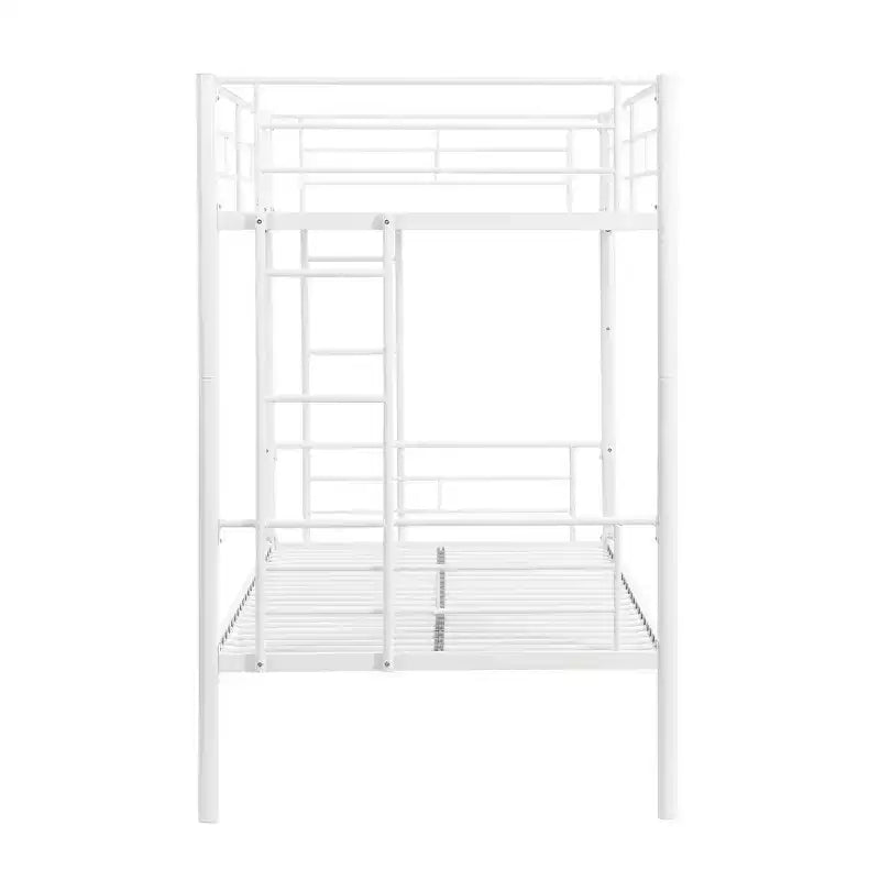 Metal Twin Over Twin Bunk Bed with Guardrail & Ladder, Convertible Heavy Duty Bed for Kids, Teens & Adults, White