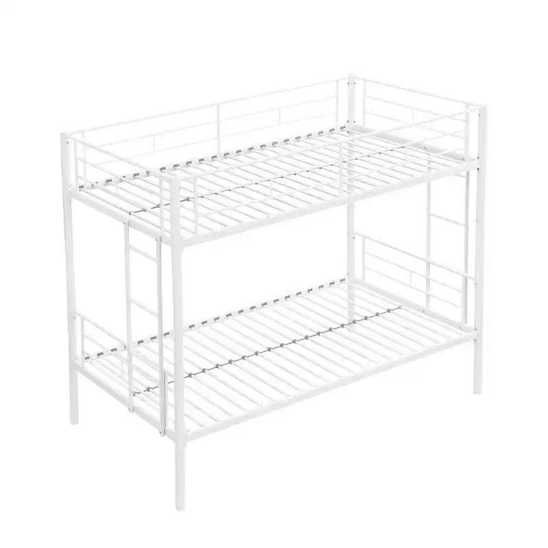 Metal Twin Over Twin Bunk Bed with Guardrail & Ladder, Convertible Heavy Duty Bed for Kids, Teens & Adults, White