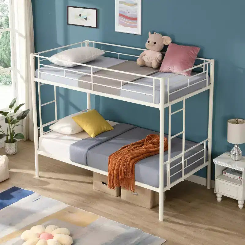Litera metálica de dos camas individuales, con barandilla y escalera, cama convertible de alta resistencia para niños, adolescentes y adultos, blanca