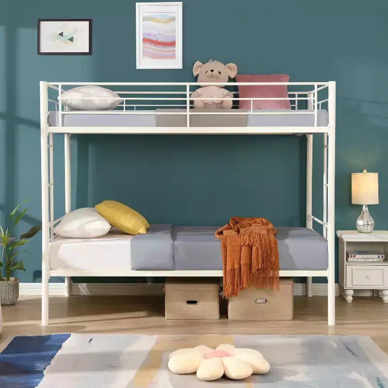 Litera metálica de dos camas individuales, con barandilla y escalera, cama convertible de alta resistencia para niños, adolescentes y adultos, blanca
