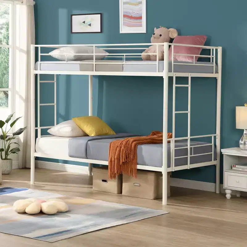 Metal Twin Over Twin Bunk Bed with Guardrail & Ladder, Convertible Heavy Duty Bed for Kids, Teens & Adults, White