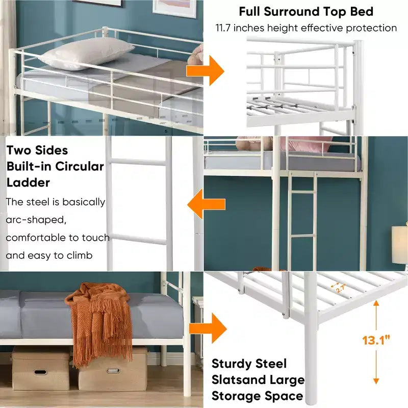 Metal Twin Over Twin Bunk Bed with Guardrail & Ladder, Convertible Heavy Duty Bed for Kids, Teens & Adults, White