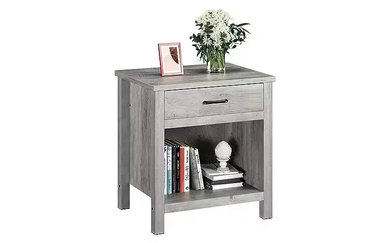 Mesita de noche de 22 de ancho con cajón, mesa auxiliar gris para sala de estar con estante de almacenamiento, mesa de madera para dormitorio, cuarto infantil u oficina