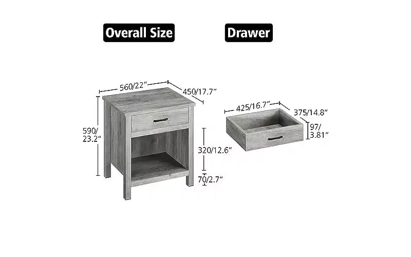 Mesita de noche de 22 de ancho con cajón, mesa auxiliar gris para sala de estar con estante de almacenamiento, mesa de madera para dormitorio, cuarto infantil u oficina