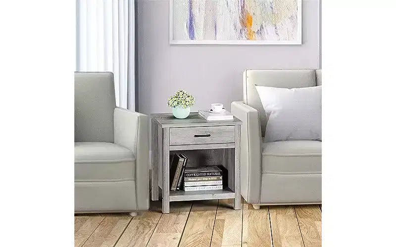 Mesita de noche de 22 de ancho con cajón, mesa auxiliar gris para sala de estar con estante de almacenamiento, mesa de madera para dormitorio, cuarto infantil u oficina