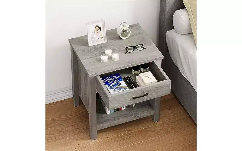 Mesita de noche de 22 de ancho con cajón, mesa auxiliar gris para sala de estar con estante de almacenamiento, mesa de madera para dormitorio, cuarto infantil u oficina