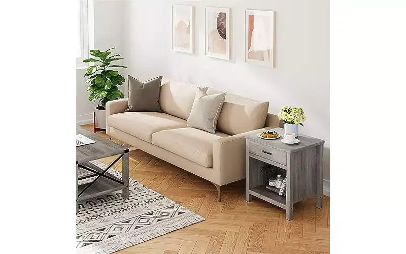 Mesita de noche de 22 de ancho con cajón, mesa auxiliar gris para sala de estar con estante de almacenamiento, mesa de madera para dormitorio, cuarto infantil u oficina