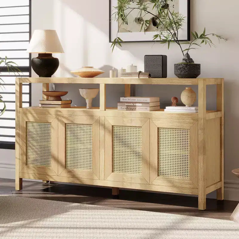 Buffet de style bohème, buffet avec 4 portes et 1 étagère ouverte, meuble de rangement pour salon, salle à manger et cuisine