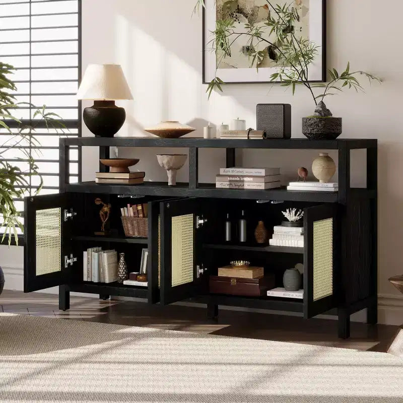 Buffet de style bohème, buffet avec 4 portes et 1 étagère ouverte, meuble de rangement pour salon, salle à manger et cuisine