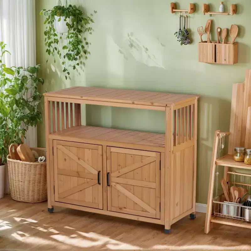 Storage Cabinet with Potting Bench, Kitchen Cabinet with 2 Doors and 2 Shelves, Short Cabinet for Living Room, Dining Room, Kitchen