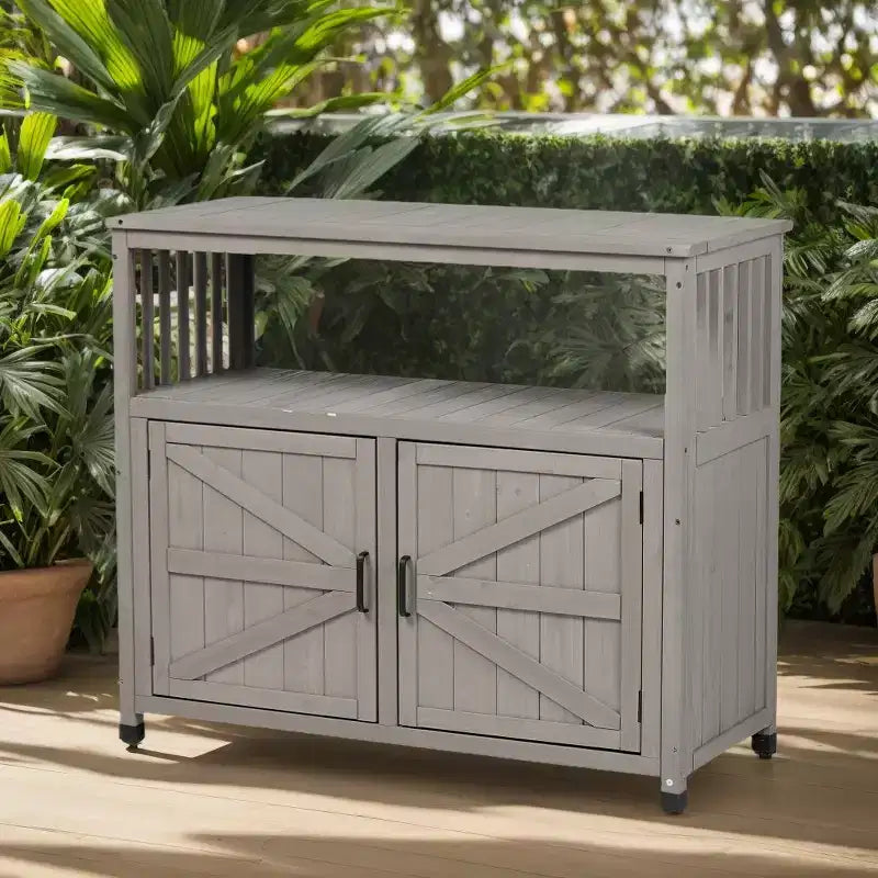 Storage Cabinet with Potting Bench, Kitchen Cabinet with 2 Doors and 2 Shelves, Short Cabinet for Living Room, Dining Room, Kitchen