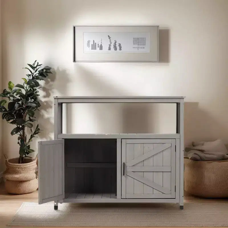 Storage Cabinet with Potting Bench, Kitchen Cabinet with 2 Doors and 2 Shelves, Short Cabinet for Living Room, Dining Room, Kitchen