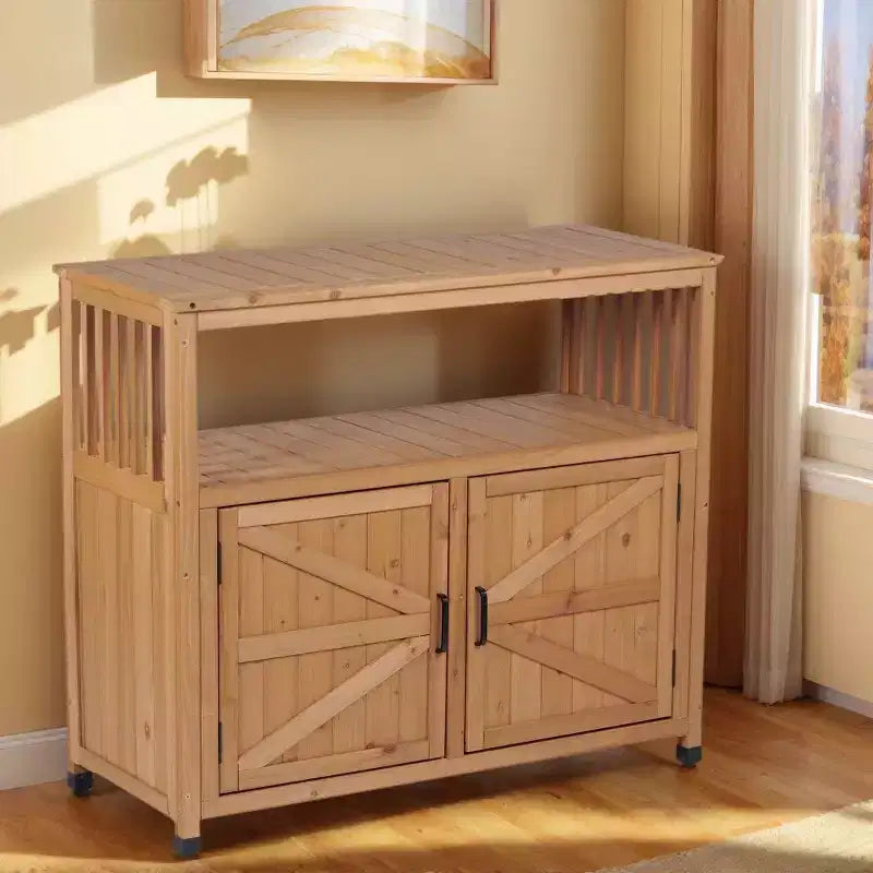 Storage Cabinet with Potting Bench, Kitchen Cabinet with 2 Doors and 2 Shelves, Short Cabinet for Living Room, Dining Room, Kitchen