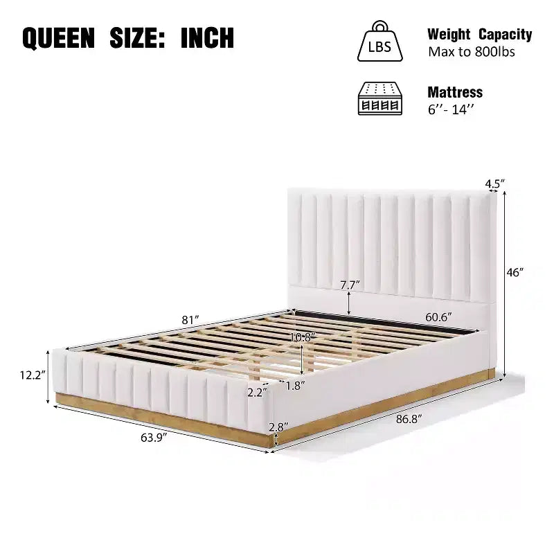 Estructura de cama moderna tipo plataforma, tapizada en lino, con cabecero grueso de costuras verticales
