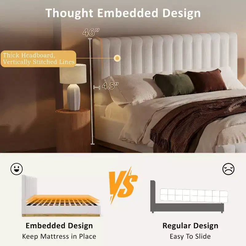 Estructura de cama moderna tipo plataforma, tapizada en lino, con cabecero grueso de costuras verticales