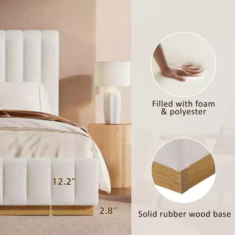 Estructura de cama moderna tipo plataforma, tapizada en lino, con cabecero grueso de costuras verticales
