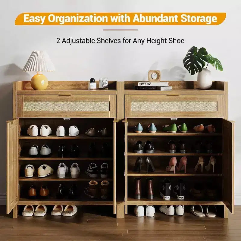 2-Piece Rattan Shoe Cabinet Set, Adjustable Shelf Storage Organizer with Drawer, Farmhouse Style Entryway Cabinet for Hallway