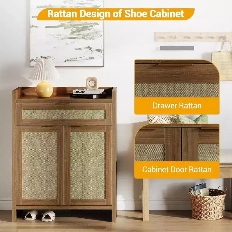 2-Piece Rattan Shoe Cabinet Set, Adjustable Shelf Storage Organizer with Drawer, Farmhouse Style Entryway Cabinet for Hallway