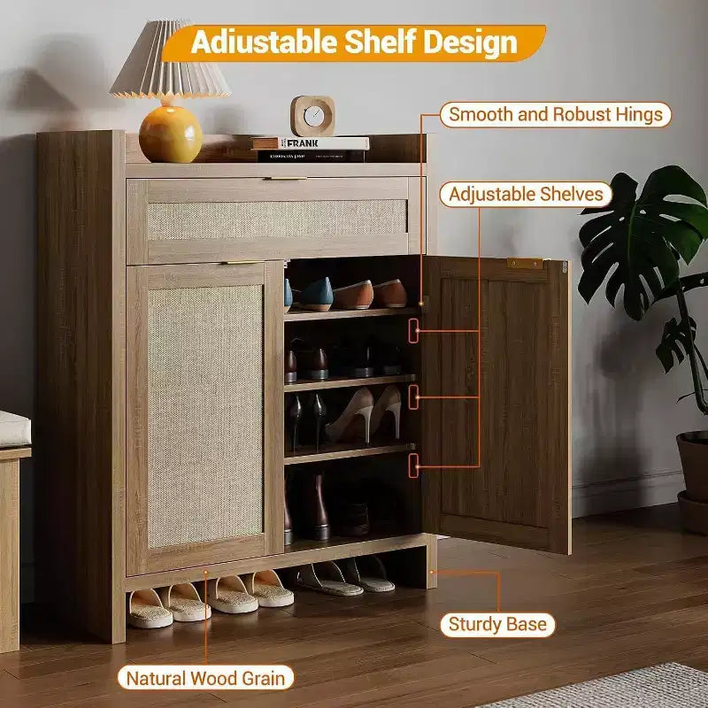 2-Piece Rattan Shoe Cabinet Set, Adjustable Shelf Storage Organizer with Drawer, Farmhouse Style Entryway Cabinet for Hallway