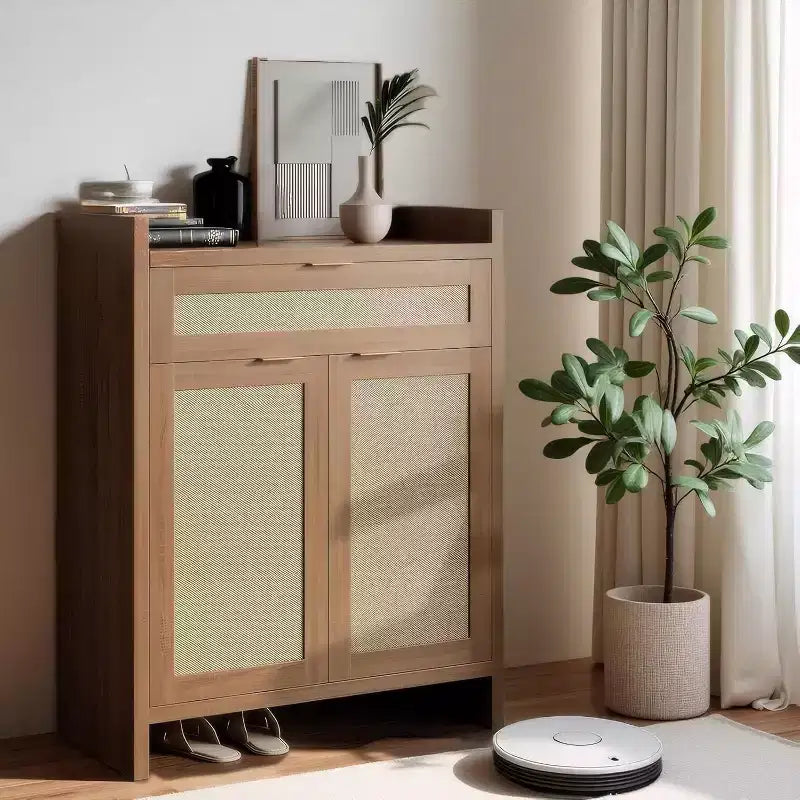 Ensemble de 2 meubles à chaussures en rotin, organisateur de rangement avec étagères réglables et tiroir, style maison de campagne, pour couloir