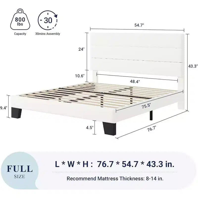 Cama tapizada en terciopelo con láminas de madera, no necesita somier, fácil de montar, blanca