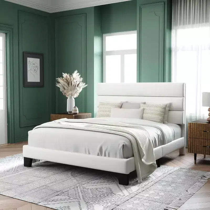 Cama tapizada en terciopelo con láminas de madera, no necesita somier, fácil de montar, blanca