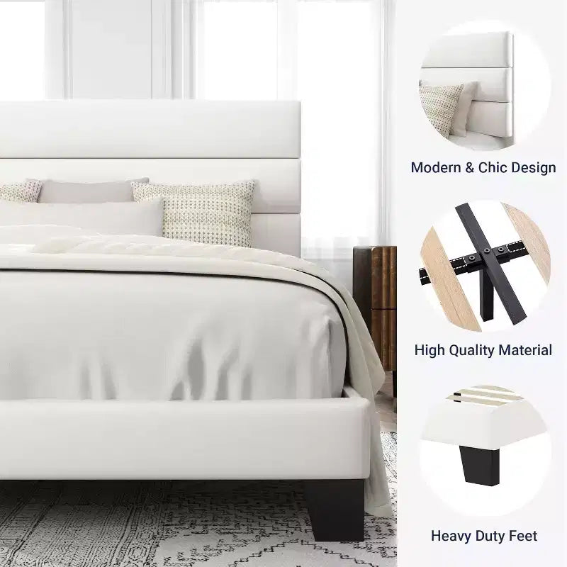 Cama tapizada en terciopelo con láminas de madera, no necesita somier, fácil de montar, blanca