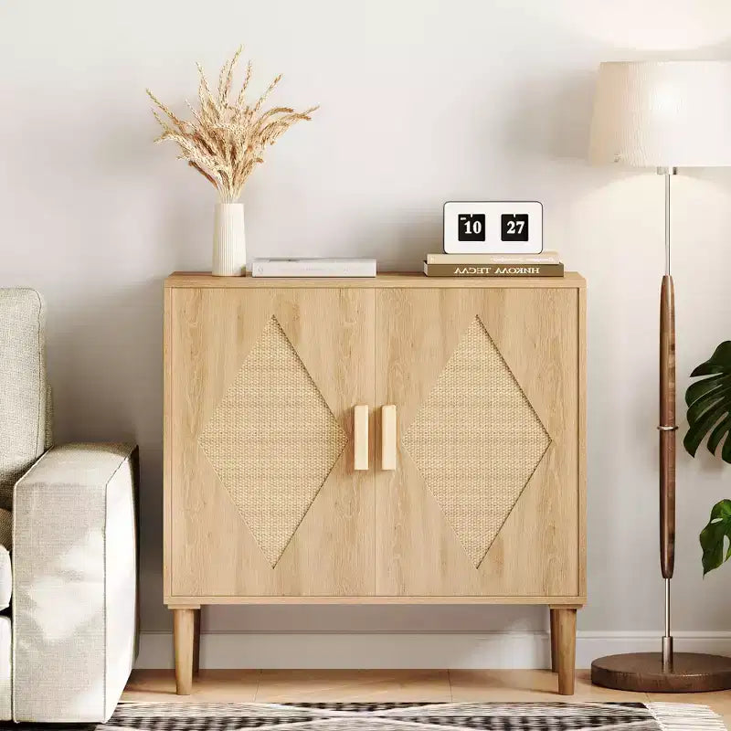 Aparador de ratán con puertas dobles, armario de almacenamiento de estilo bohemio con cajones para el comedor y la sala de estar
