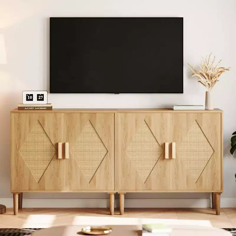 Aparador de ratán con puertas dobles, armario de almacenamiento de estilo bohemio con cajones para el comedor y la sala de estar
