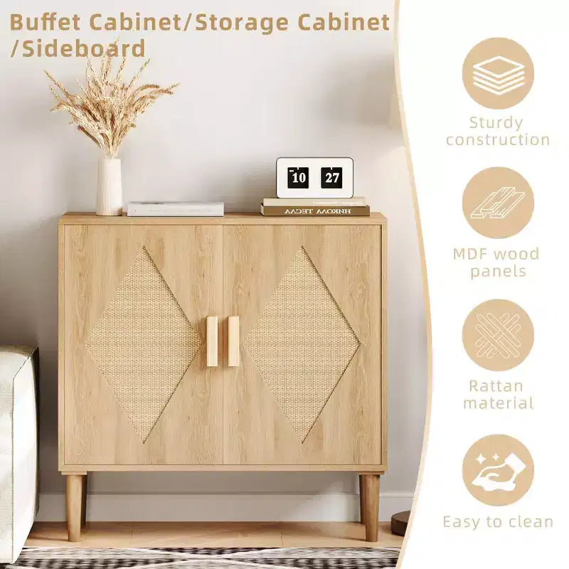 Aparador de ratán con puertas dobles, armario de almacenamiento de estilo bohemio con cajones para el comedor y la sala de estar