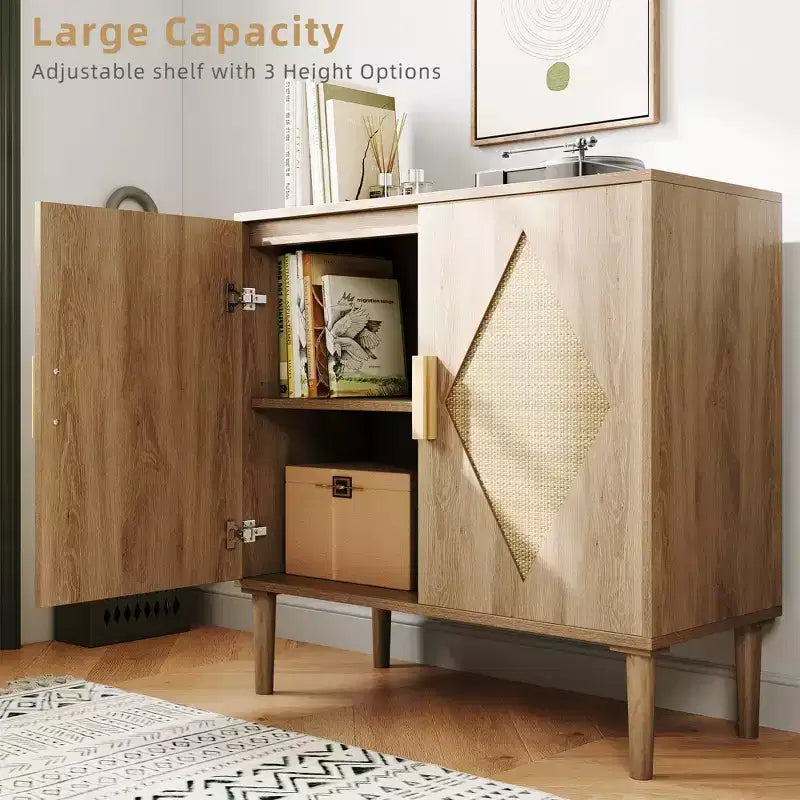 Aparador de ratán con puertas dobles, armario de almacenamiento de estilo bohemio con cajones para el comedor y la sala de estar