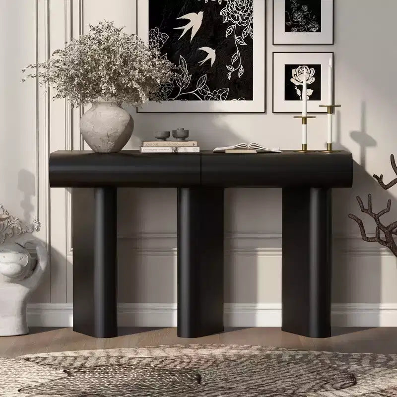 Mesa moderna y estrecha para recibidor con cajón curvo y patas geométricas, mesa auxiliar que ahorra espacio para el pasillo, la sala de estar, el dormitorio, apartamentos pequeños o el vestíbulo