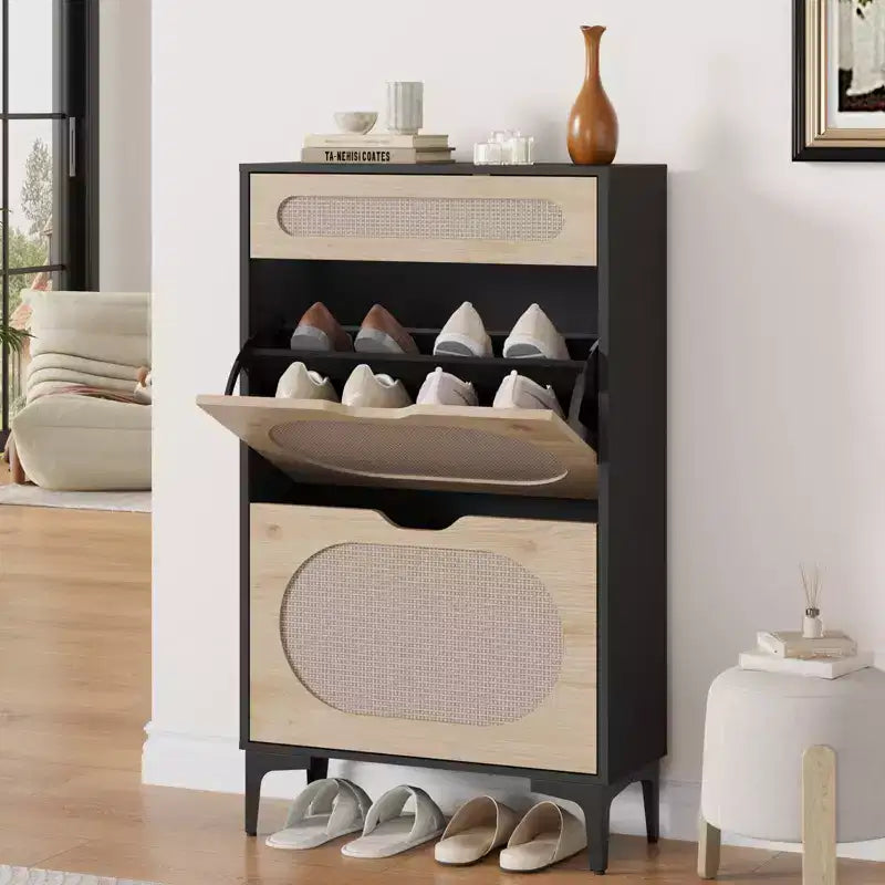 Meuble à chaussures en rotin avec 2 tiroirs basculants et 1 tiroir coulissant, rangement pour chaussures, étagère réglable sur 3 positions, meuble étroit pour entrée