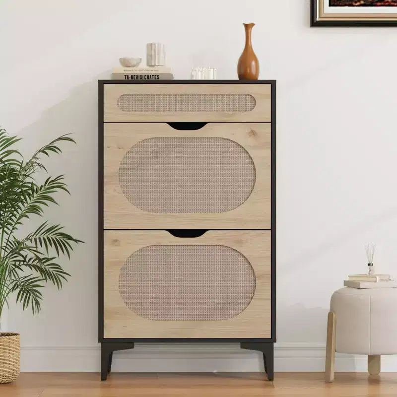 Meuble à chaussures en rotin avec 2 tiroirs basculants et 1 tiroir coulissant, rangement pour chaussures, étagère réglable sur 3 positions, meuble étroit pour entrée