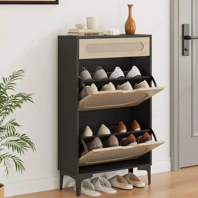 Meuble à chaussures en rotin avec 2 tiroirs basculants et 1 tiroir coulissant, rangement pour chaussures, étagère réglable sur 3 positions, meuble étroit pour entrée