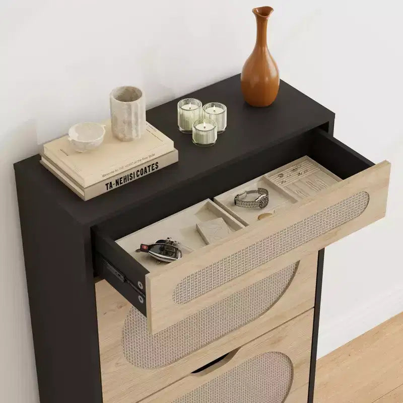 Meuble à chaussures en rotin avec 2 tiroirs basculants et 1 tiroir coulissant, rangement pour chaussures, étagère réglable sur 3 positions, meuble étroit pour entrée