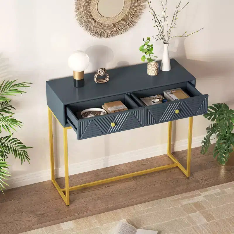 Modern Entryway Table with Golden Legs, Narrow Console Table with 2 Drawers and Stripe Design, Accent Table for Living Room, Hallway