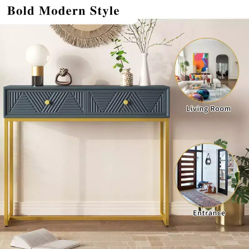 Modern Entryway Table with Golden Legs, Narrow Console Table with 2 Drawers and Stripe Design, Accent Table for Living Room, Hallway
