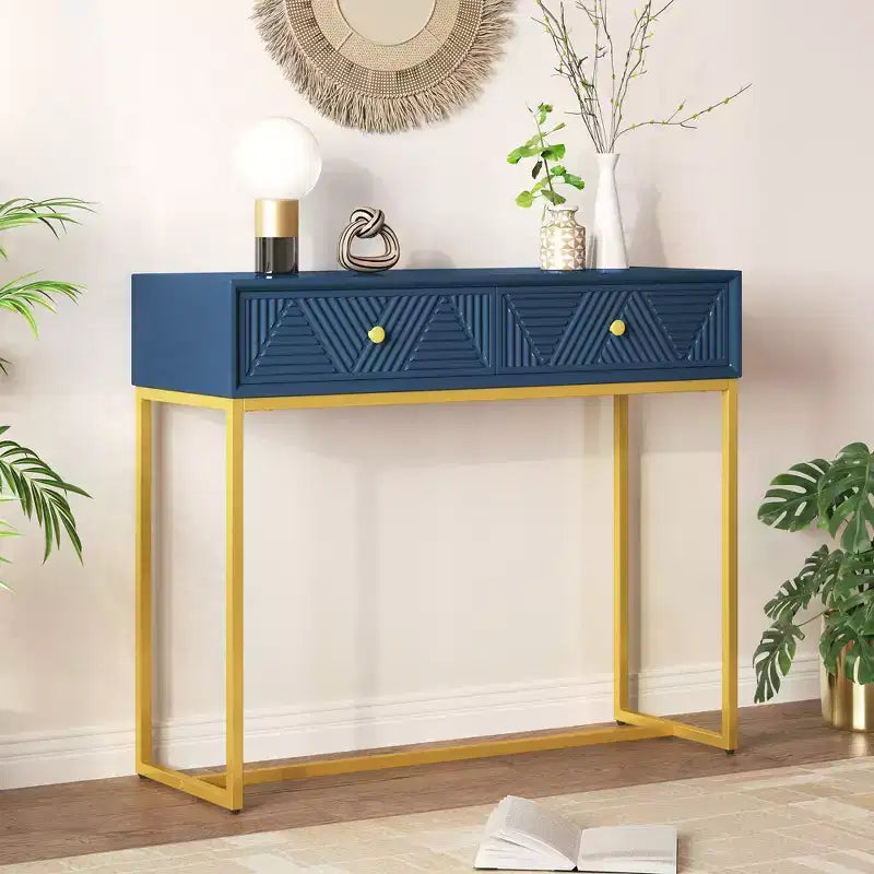 Modern Entryway Table with Golden Legs, Narrow Console Table with 2 Drawers and Stripe Design, Accent Table for Living Room, Hallway