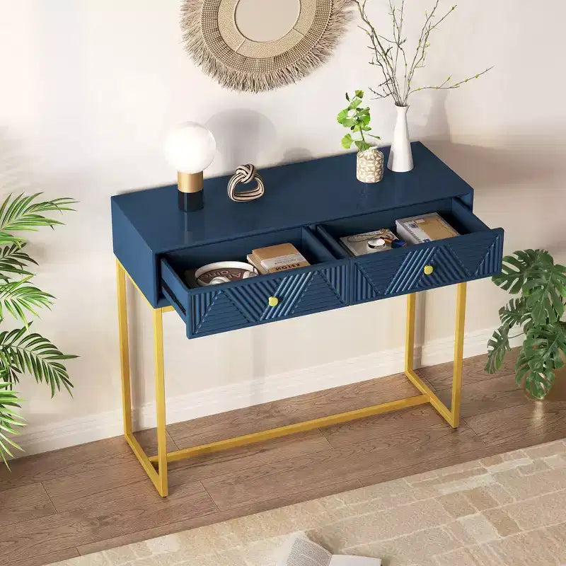 Modern Entryway Table with Golden Legs, Narrow Console Table with 2 Drawers and Stripe Design, Accent Table for Living Room, Hallway
