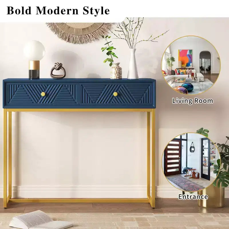 Modern Entryway Table with Golden Legs, Narrow Console Table with 2 Drawers and Stripe Design, Accent Table for Living Room, Hallway