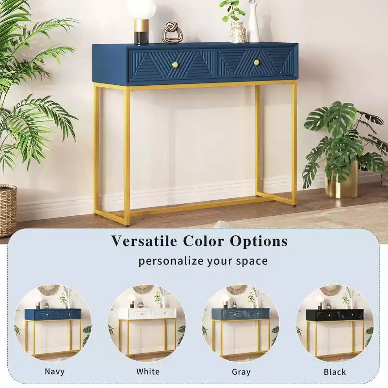 Modern Entryway Table with Golden Legs, Narrow Console Table with 2 Drawers and Stripe Design, Accent Table for Living Room, Hallway
